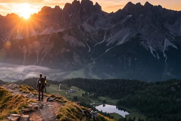 A hiker on a ridge path watching the sun rise over the peaks